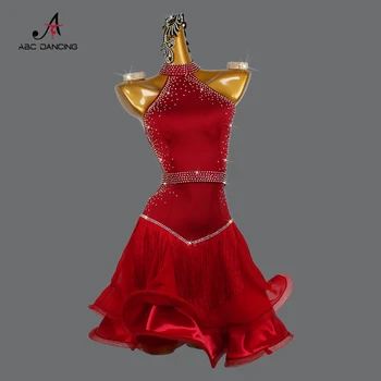 Красное платье для соревнований по латинским танцам, Женская профессиональная сексуальная юбка, бальное платье со стразами для девочек, стандартная одежда для занятий, праздничный наряд