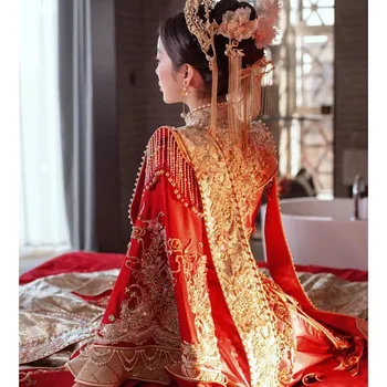 Yourqipao Улучшенное Свадебное платье Hanfu 2023, Китайские свадебные осенне-зимние свадебные платья Xiuhe с тяжелой вышивкой бисером, Халат