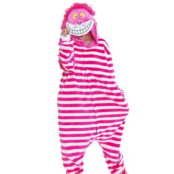 Чеширский кот Кигуруми, Комбинезон, Забавный Розовый костюм в полоску, Женская одежда Для сна для девочек, Пижама для взрослых с Мультяшным животным Персонажем, зимний наряд