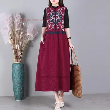 2023 китайское традиционное хлопчатобумажное льняное платье ханфу, сарафан с национальной цветочной вышивкой, восточное этническое лоскутное платье, народное платье