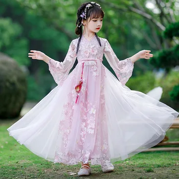 Розовая аппликация для девочек, вышивка бисером, Ханфу, Летнее платье феи в китайском стиле для маленькой девочки в стиле Ретро