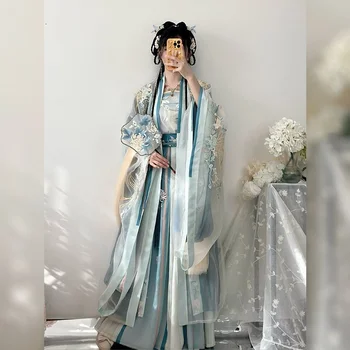 Женское китайское платье Hanfu, древние традиционные вышитые комплекты Hanfu, Карнавальный костюм феи, Зеленое танцевальное платье Hanfu
