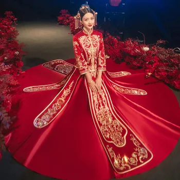 Осеннее Китайское Ретро Изысканное Свадебное Платье с Вышивкой Marry Cheongsam, Традиционное Платье Для Жениха и Невесты Свадебное платье