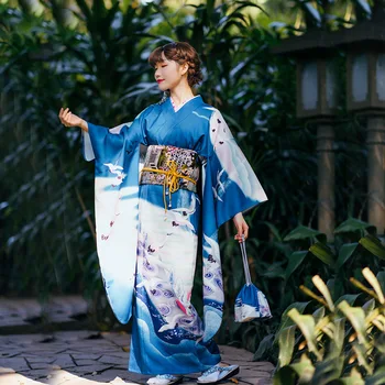 Женское традиционное кимоно в японском стиле синего цвета с принтом журавля, официальное осеннее платье Юката с длинным рукавом, косплей костюм