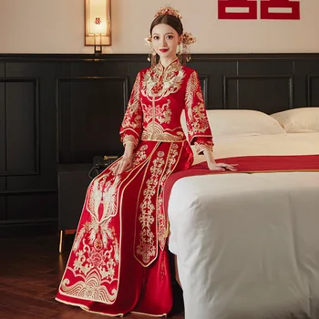 Свадебное платье с вышивкой Феникса в китайском стиле, свадебный костюм Чонсам, Восточная Одежда для тостов Невесты, Винтажное Ципао