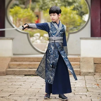 Синее Платье для мальчиков в Китайском Стиле с Цветочным Принтом Hanfu, Сценический костюм для Маленьких Мальчиков, костюм Эпохи Тан, Детский Древний Традиционный Костюм для Детей