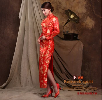 1 шт./лот, женская красная длинная одежда Ципао в китайском стиле, добро пожаловать, чонсам с длинным рукавом