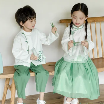 2023, Милый воротник-стойка, пуговицы ручной работы, Костюм Тан для мальчиков и девочек, улучшенные традиционные костюмы, Китайская новогодняя одежда для детей