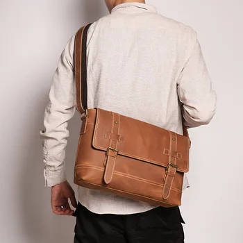 Мужская ретро сумка через плечо большой емкости из кожи Crazy horseskin, кожаная сумка-мессенджер, деловая сумка для компьютера