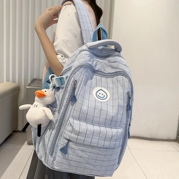 Новый Женский рюкзак из водонепроницаемого нейлона с решетчатой печатью, Женская дорожная сумка с несколькими карманами для девочек, школьный рюкзак большой емкости для мужчин