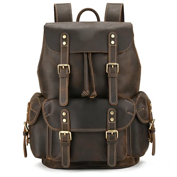 Большой Кожаный рюкзак Crazy Horse с модным Клапаном 18 Дюймов, Большой Повседневный Походный рюкзак для Путешествий, Индивидуальная школьная сумка из натуральной кожи