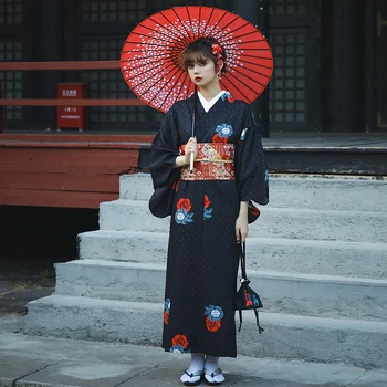 Японское Женское Оригинальное Платье Юката Традиционное Кимоно Для Выступлений Танцевальные Костюмы Черного Цвета Двух Размеров