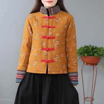 Китайская традиционная одежда, костюм Эпохи Тан, Женская утепленная куртка Больших Размеров, Хлопковая Льняная вышивка, воротник-стойка с цветочным рисунком, Этническое пальто