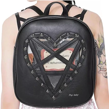 Женский рюкзак в форме сердца в стиле Харадзюку в готическом стиле, школьная сумка на плечо с шипами, панк, Открытая Кожаная дорожная сумка на колесиках, заклепки для девочек