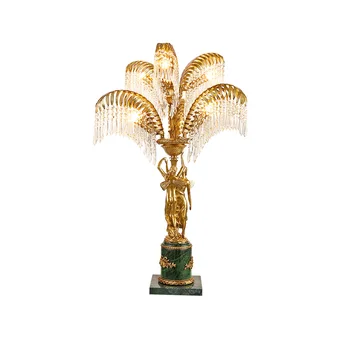 Светильник DINGFAN в стиле рококо из Пальмовых Листьев из Латуни Лампа Crystal Drop Большой Настольный Лампа Старинные Настольные лампы Домашний декор