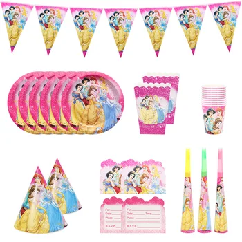 Набор украшений для тематической вечеринки Disney Princess Happy Birthday Girl, принадлежности для вечеринок, Чашка, тарелка, баннер, Макет сцены, мероприятие в душе ребенка