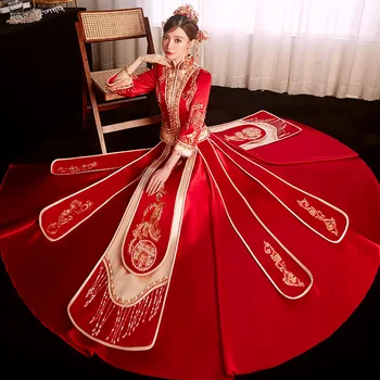 Традиционный воротник-стойка Изысканная Вышивка Бисером и Кисточками Свадебное платье для Жениха и невесты Свадебное платье