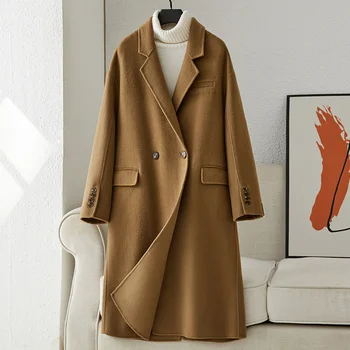Двустороннее кашемировое пальто Live Welfare, женское шерстяное пальто средней длины в стиле Хепберн высокого класса