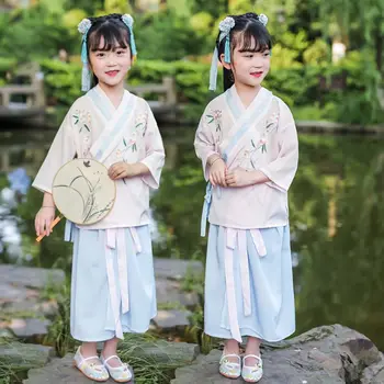 Китайское традиционное платье из 2 предметов для девочек, новогодняя одежда Hanfu, шифоновые костюмы, костюм династии Тан