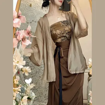 Винтажная одежда в китайском стиле, 3 шт., Hanfu, коричневый костюм в китайском стиле, кимоно, майка и юбка, Сексуальные чонсам с открытыми плечами, женское платье с принтом, комплект