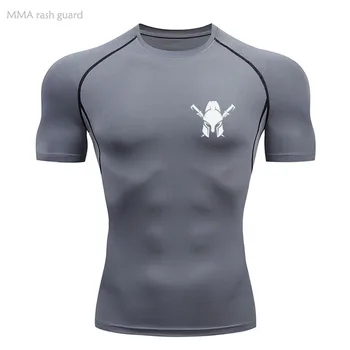 высококачественные спортивные рубашки, мужские футболки для бега, короткая быстросохнущая компрессионная рубашка для ММА с круглым вырезом, Летние серые тренировочные рубашки