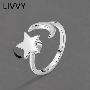 LIVVY Серебряный Цвет Креативный Дизайн Может Вращать Регулируемое Кольцо Starmoon Для Женщин, Изысканные Модные Украшения Для Вечеринки в Честь Дня Рождения, Подарки