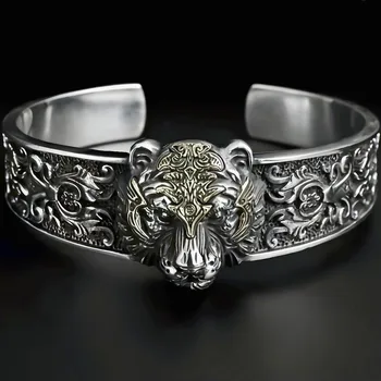 Властный и персонализированный мужской модный браслет в стиле тибетского серебра с открывающимся тигром в стиле Ретро