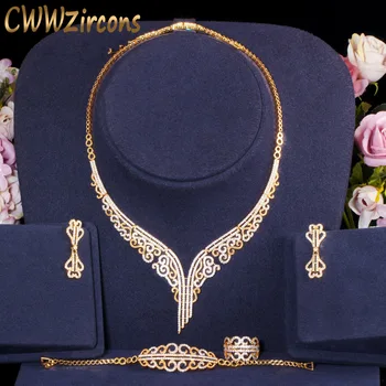 CWWZircons 4 шт. Винтажный Элегантный Свадебный комплект украшений с кубическим Цирконием, Аксессуары для костюмов Африканского Эфиопского Золотого цвета T417