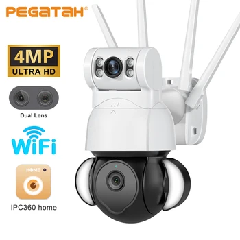 PEGATAH 4-мегапиксельная PTZ IP-камера с двумя объективами, Умный Прожектор, распознавание цвета Человеком, Ночное видение, Наружное Видеонаблюдение, Wifi Камера видеонаблюдения