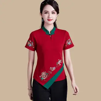 Женские короткие топы Большого размера Cheongsam 2023, Летние рубашки Qipao в китайском стиле с вышивкой из смеси хлопка, нерегулярные
