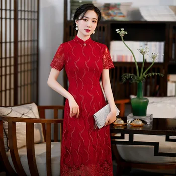 Женское Китайское праздничное платье большого размера в стиле Ретро, Кружевной Миди, Элегантный Чонсам, Летнее Улучшенное Ципао с коротким рукавом, Vestidos