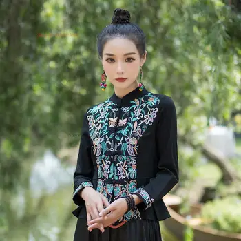 2023 хлопчатобумажные льняные топы hanfu с цветочной вышивкой, женская китайская ретро блузка в этническом стиле харадзюку, элегантный винтажный восточный костюм эпохи тан