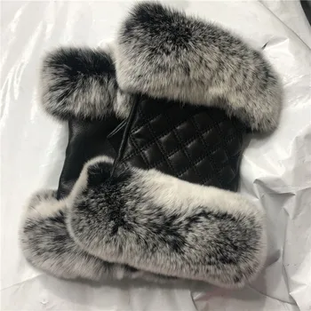 Зимние Модные Черные Перчатки из натуральной кожи с полупальцами, овчина, кроличий мех, перчатки без пальцев, кроличий мех, рот