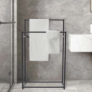 2-Уровневая Черная Металлическая Вешалка для полотенец, Высокий современный Отдельно стоящий держатель для полотенец для ванной комнаты