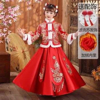 Комплект детского платья Hanfu в Китайском Стиле, 2 Цвета, Винтажный Красный Розовый Плотный Шерстяной Новогодний Плащ Принцессы, Юбка, Элегантный Костюм в стиле Тан