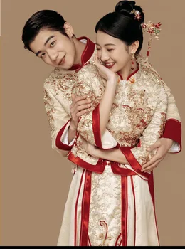 High-Quaity Chinese Traditional Wedding Dress Champagne Gold Embroidery Classic Cheongsam China Qipao костюм для восточных