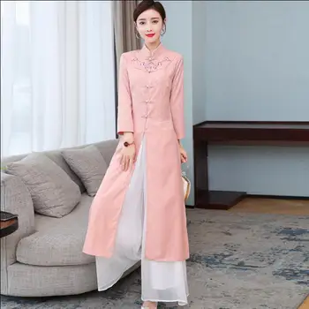 Весеннее женское платье Чонсам с брюками, Вьетнамский винтажный костюм Ао Дай, розовый