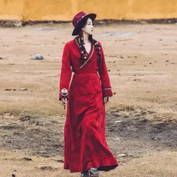 Китай, Тибетская Одежда, Винно-красное платье с V-образным вырезом, Весенне-Летнее Хлопковое женское платье