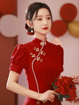 Женское Китайское традиционное платье 5XL для свадьбы, красный Чонсам со средним рукавом, Платья Элегантной Невесты, красный Ципао для вечеринки
